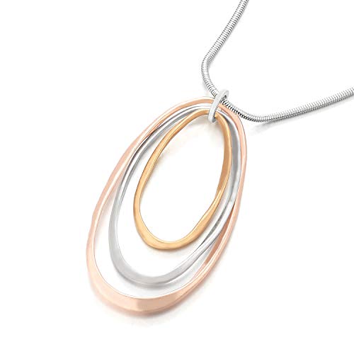 COOLSTEELANDBEYOND Stylish Chic Summer Statement Necklace Silver Rose Gold Three Open Oval Charms Pendant, Long Chain - coolsteelandbeyond