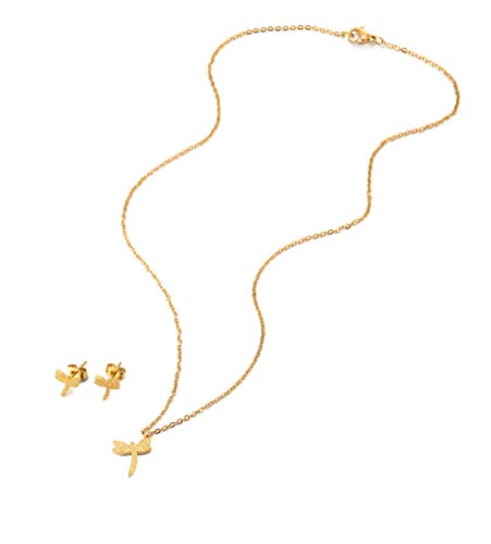 COOLSTEELANDBEYOND Stylish Gold Color Satin Dragonfly Pendant Steel Necklace, Earrings Set, 17.5 inches Rope Chain - coolsteelandbeyond