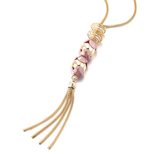 COOLSTEELANDBEYOND Summer Gold Statement Necklace Long Chain Y-Shape with Ball Charm Pendant and Tassel, Banquet Dress - coolsteelandbeyond