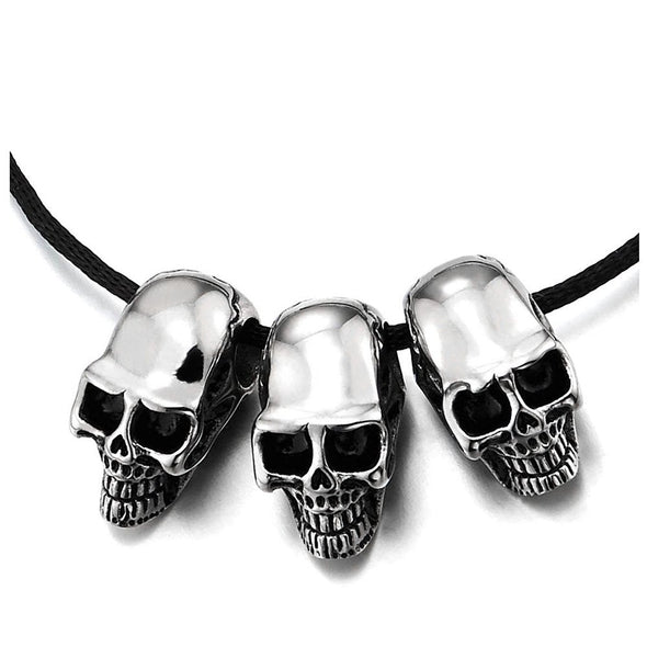 Three Small Skulls Pendant Necklace for Men Women, Steel Polished with Black Cotton Cord - COOLSTEELANDBEYOND Jewelry
