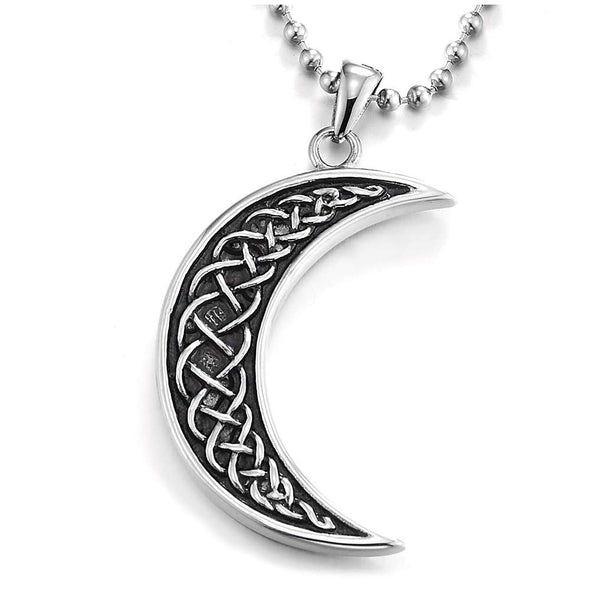 Tribal, Mens Womens Steel Vintage Crescent Moon Pendant Necklace with Braided Knot, Silver Black - COOLSTEELANDBEYOND Jewelry