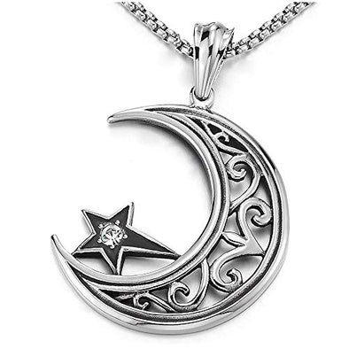 COOLSTEELANDBEYOND Tribal, Steel Vintage Crescent Moon Star Pendant Necklace Cubic Zirconia, 30 inches Wheat Chain - coolsteelandbeyond