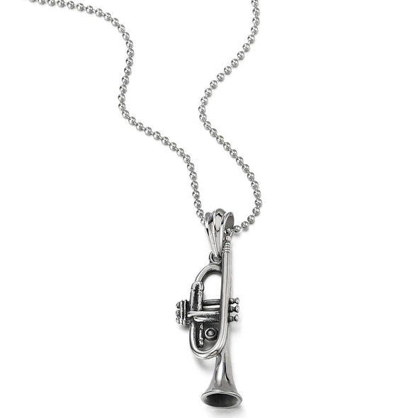 COOLSTEELANDBEYOND Trumpet Pendant Necklace for Men Women Stainless Steel with 30 inches Ball Chain - coolsteelandbeyond