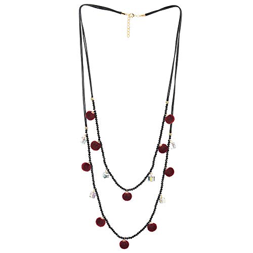 COOLSTEELANDBEYOND Two-Layer Black Statement Necklace Long Beads Chain with Red Pom Pom Balls and Cube Charms Pendant - coolsteelandbeyond