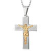 COOLSTEELANDBEYOND Two-Layer Men Stainless Steel Jesus Christ Crucifix Cross Pendant Necklace with Stripes, Gold Silver - coolsteelandbeyond