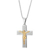 COOLSTEELANDBEYOND Two-Layer Men Stainless Steel Jesus Christ Crucifix Cross Pendant Necklace with Stripes, Gold Silver - coolsteelandbeyond