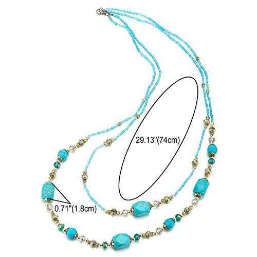 COOLSTEELANDBEYOND Two-Layer Turquoise Statement Necklace Long Beads Chains with Crystal Gem Stone Bead Charms, Dress - coolsteelandbeyond
