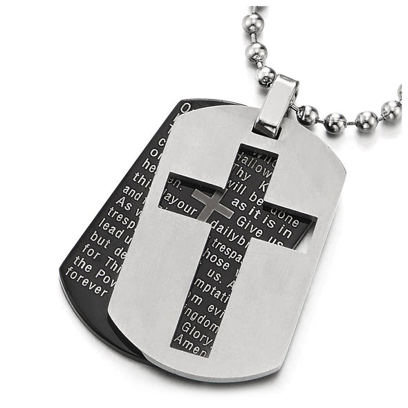 COOLSTEELANDBEYOND Two-Pieces Mens Bible Verse Cross Dog Tag Pendant Necklace, Steel Silver Black with 23.6 inch Chain - coolsteelandbeyond