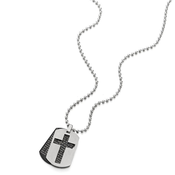 COOLSTEELANDBEYOND Two-Pieces Mens Bible Verse Cross Dog Tag Pendant Necklace, Steel Silver Black with 23.6 inch Chain - coolsteelandbeyond