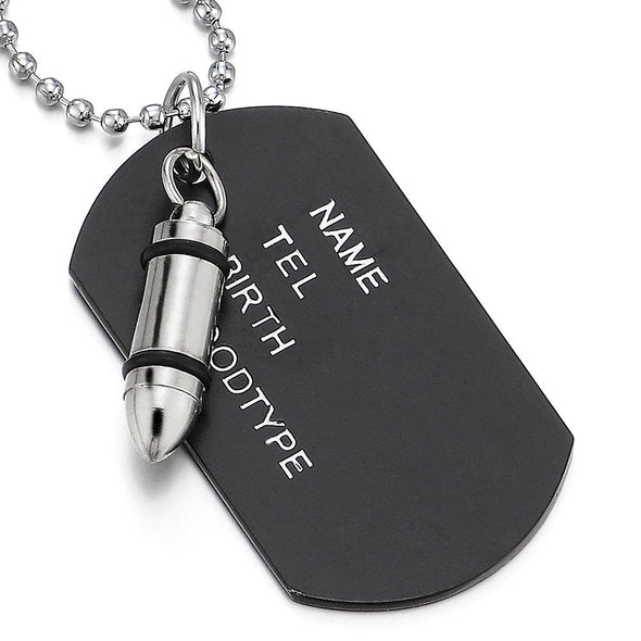 COOLSTEELANDBEYOND Two-Pieces Mens Black Dog Tag Bullet Pendant Necklace with 28 inches Ball Chain - coolsteelandbeyond