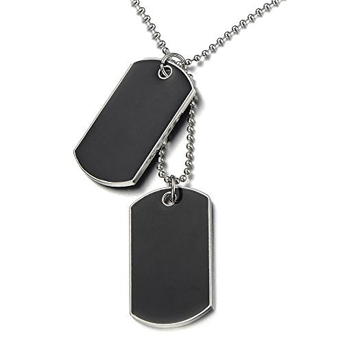 Two-Pieces Mens Dog Tag Pendant Necklace with Black Enamel and 28 inches Steel Ball Chain - COOLSTEELANDBEYOND Jewelry