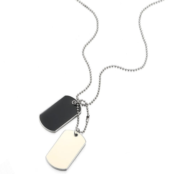 COOLSTEELANDBEYOND Two-Pieces Mens Women Dog Tag Pendant Necklace with Black and White Enamel and 28 inches Ball Chain - coolsteelandbeyond