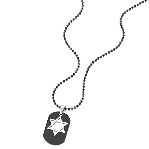 COOLSTEELANDBEYOND Unique Black Dog Tag Pendant Necklace Inlayed with Silver Star-of-David Stainless Steel for Men - coolsteelandbeyond