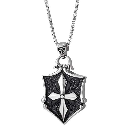 COOLSTEELANDBEYOND Unique Mens Stainless Steel Sword Cross Shield Pendant Necklace with Skull and Black Enamel - coolsteelandbeyond