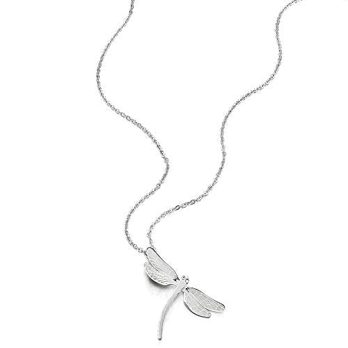 COOLSTEELANDBEYOND Unique Stainless Steel Ladies Dragonfly Pendant Necklace with Cubic Zirconia, 20 Inches Chain - COOLSTEELANDBEYOND Jewelry