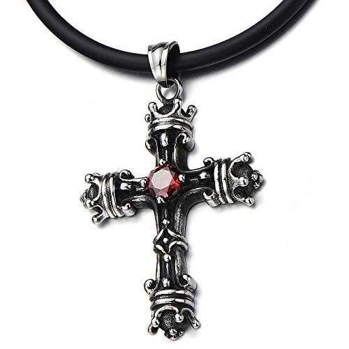 COOLSTEELANDBEYOND Unisex Crown Cross Pendant Necklace Retro Style for Men and Women with Red Cz and 23 in Silicon Rope - coolsteelandbeyond