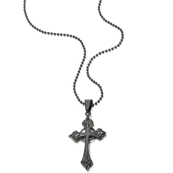 COOLSTEELANDBEYOND Unisex Gothic Black Circle Cross Pendant Necklace Stainless Steel for Men Women, 23.6 in Ball Chain - coolsteelandbeyond
