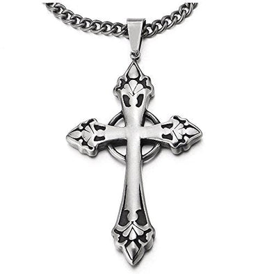 COOLSTEELANDBEYOND Unisex Gothic Vintage Circle Cross Pendant Necklace Stainless Steel for Men Women with Rope Chain - coolsteelandbeyond