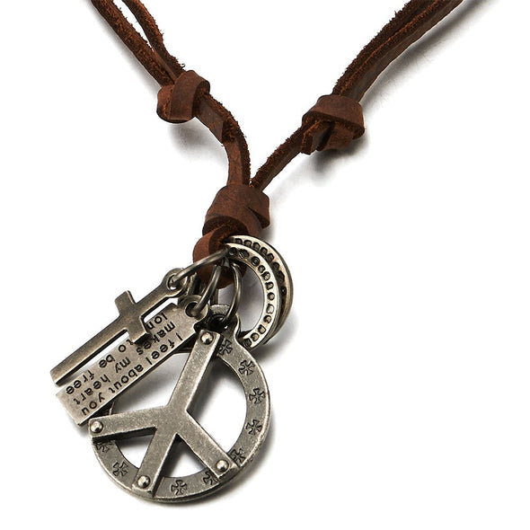 Unisex Mens Womens Vintage Anti-War Sign Symbol Cross Pendant Necklace with Adjustable Leather Cord