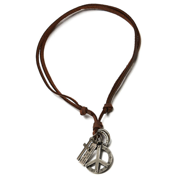 Unisex Mens Womens Vintage Anti-War Sign Symbol Cross Pendant Necklace with Adjustable Leather Cord