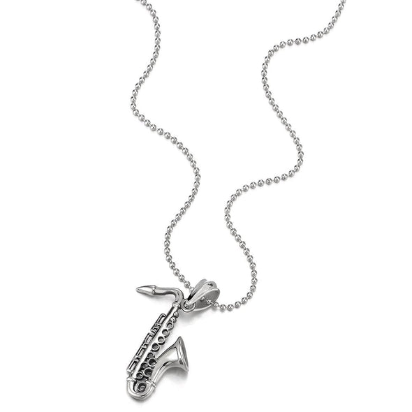 COOLSTEELANDBEYOND Unisex Stainless Steel Saxophone Pendant Necklace for Men Women with 30 inches Ball Chain - coolsteelandbeyond