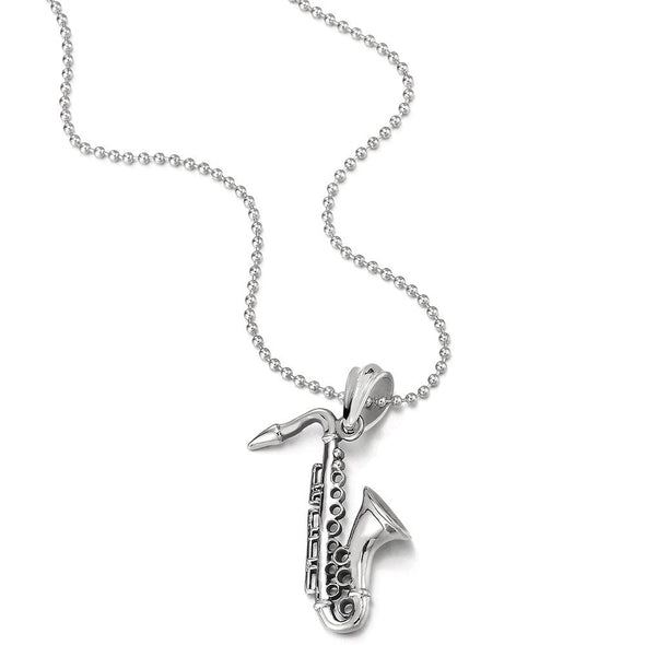 COOLSTEELANDBEYOND Unisex Stainless Steel Saxophone Pendant Necklace for Men Women with 30 inches Ball Chain - coolsteelandbeyond