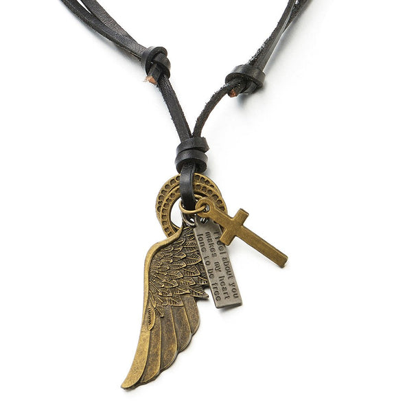 Unisex Vintage Bronze Angel Wing Pendant Necklace for Men Women with Adjustable Black Leather Cord