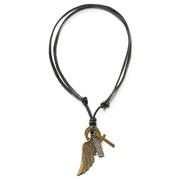 Unisex Vintage Bronze Angel Wing Pendant Necklace for Men Women with Adjustable Black Leather Cord