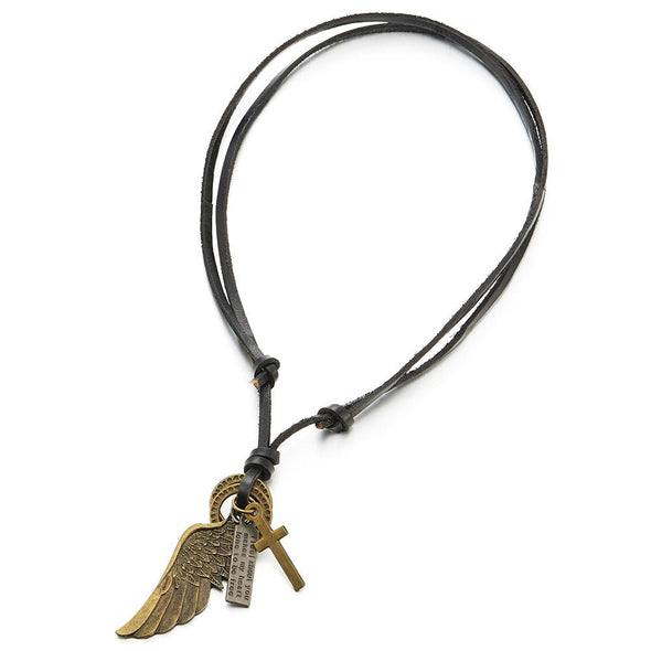 Unisex Vintage Bronze Angel Wing Pendant Necklace for Men Women with Adjustable Black Leather Cord