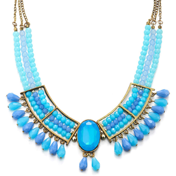 Vintage Bronze Necklace Three-Layer Aqua Blue Gem Stone Bead Chains Tassel Large Collar Earrings Set - COOLSTEELANDBEYOND Jewelry