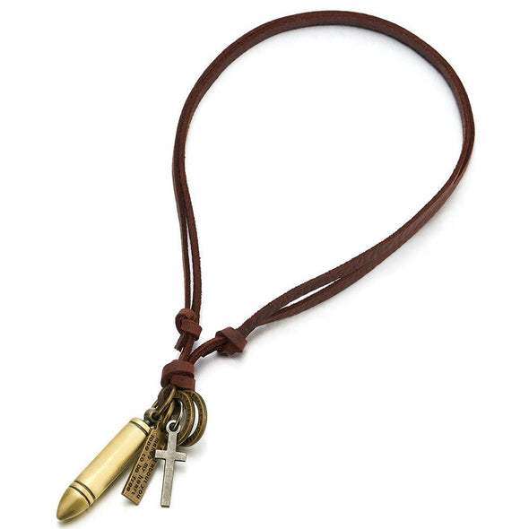 Vintage Bullet Cross Pendant Necklace for Men, Featuring an Adjustable Leather Cord for a Unique and Rugged Style Statement - COOLSTEELANDBEYOND Jewelry