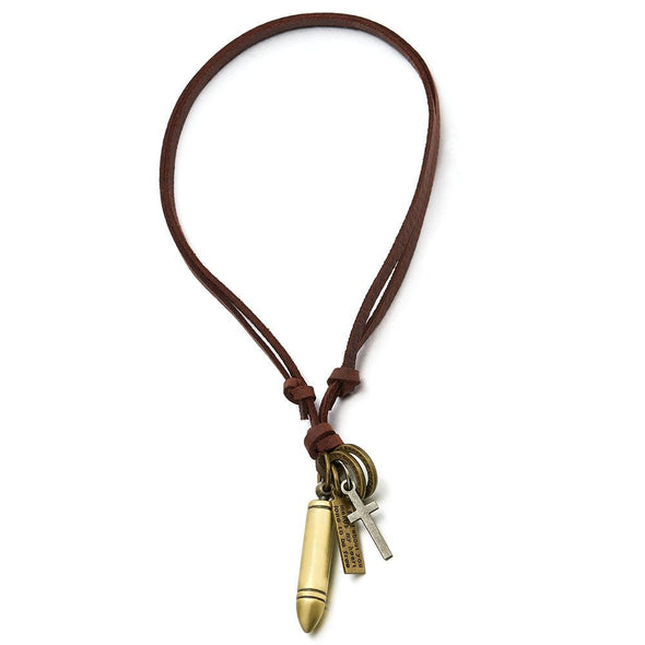 Vintage Bullet Cross Pendant Necklace for Men, Featuring an Adjustable Leather Cord for a Unique and Rugged Style Statement - COOLSTEELANDBEYOND Jewelry