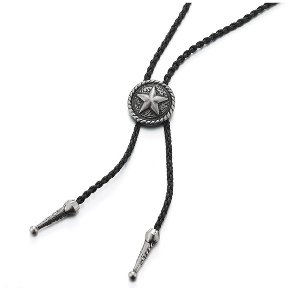 Vintage Star Circle Button Bolo Tie Necktie, Lariat Rodeo Long Y Necklace, Black Braided Leather