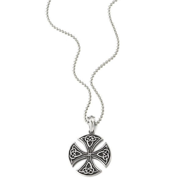Vintage Steel Irish Celtic Knot Round Cross Pendant Necklace for Mens Womens with 30 in Ball Chain