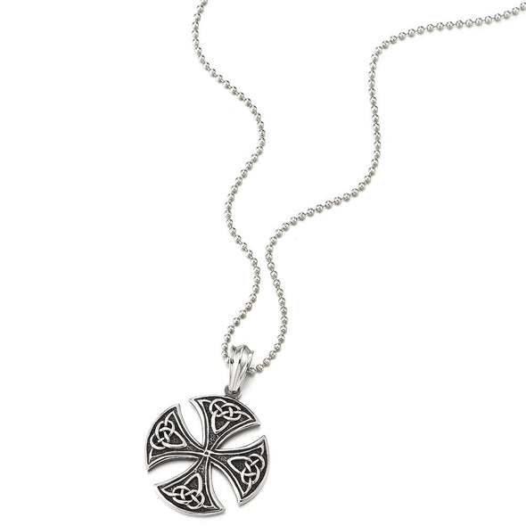Vintage Steel Irish Celtic Knot Round Cross Pendant Necklace for Mens Womens with 30 in Ball Chain