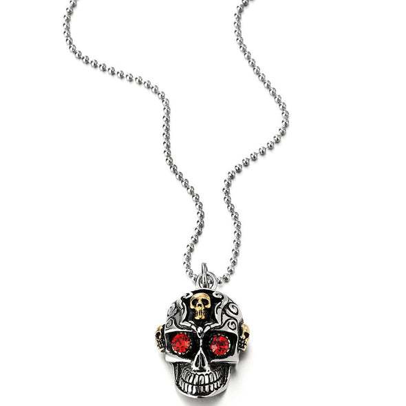 Vintage Steel Silver Gold Sugar Skull Pendant Necklace Mens with Red Cubic Zirconia, 23.6 in Chain - COOLSTEELANDBEYOND Jewelry