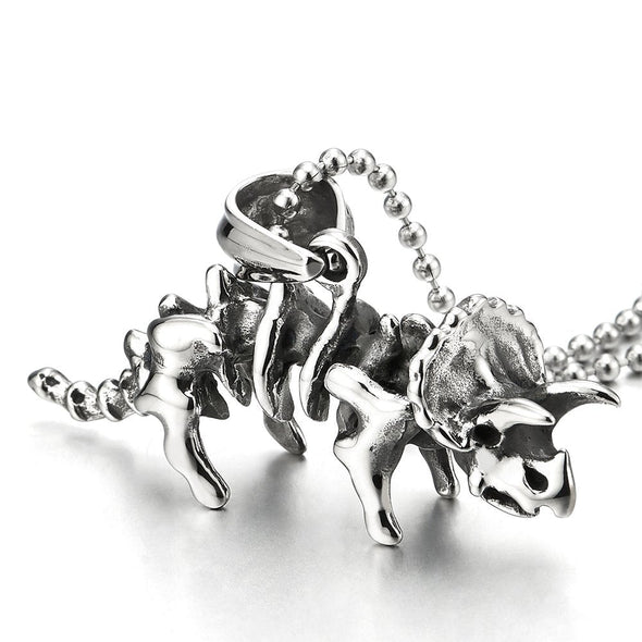 Vintage Steel Triceratops Dinosaurs Skeleton Pendant Necklace for Men Women, 30 inch Ball Chain - COOLSTEELANDBEYOND Jewelry