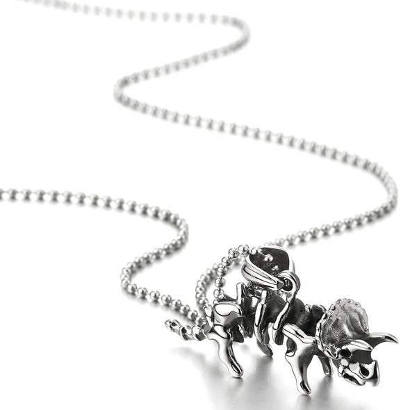 Vintage Steel Triceratops Dinosaurs Skeleton Pendant Necklace for Men Women, 30 inch Ball Chain - COOLSTEELANDBEYOND Jewelry
