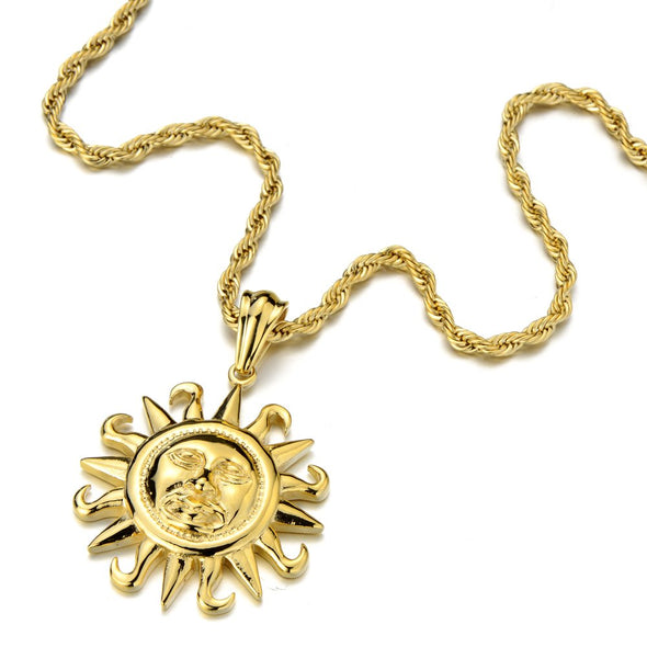 Vintage Unisex Golden Sun Pendant Necklace for Men for Women Stainless Steel with 23.9 in Rope Chain - COOLSTEELANDBEYOND Jewelry