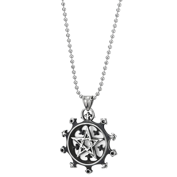 Vintage Unisex Men Women Steel Star Pentagram Circle Pendant Necklace with Fleur De Lis Circle Blade