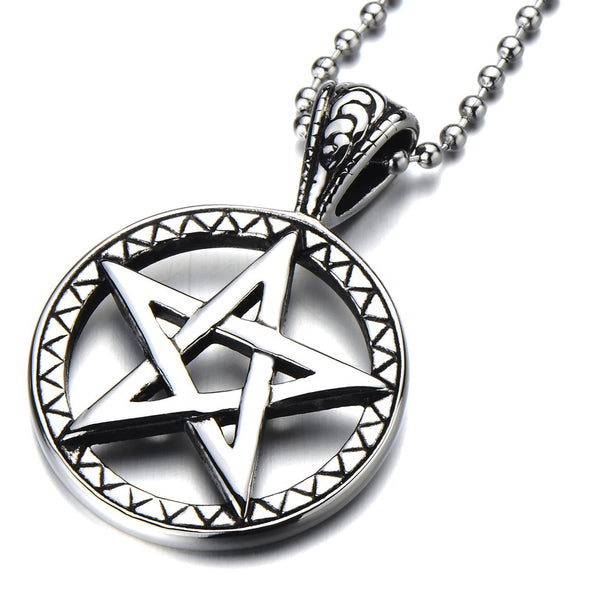 Vintage Unisex Pentagram Pendant Necklace Stainless Steel with 23.6 in Ball Chain