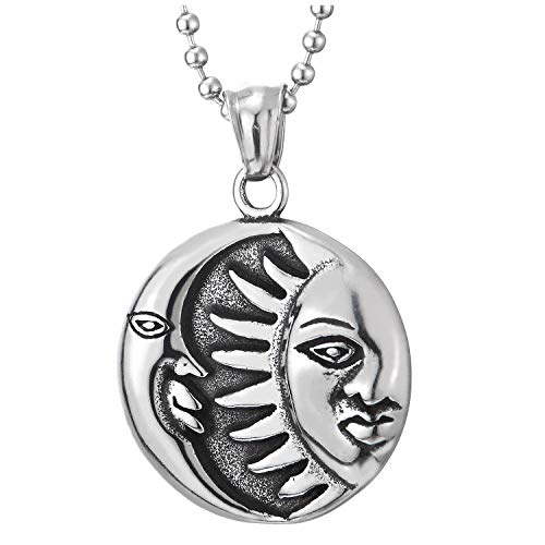 COOLSTEELANDBEYOND Vintage Unisex Sun Moon Crescent Circle Medal Pendant Necklace, Men Womens Steel, 23.4 in Ball Chain - coolsteelandbeyond
