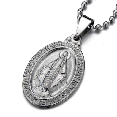 Virgin Mary Maria Oval Miraculous Medal Pendant Necklace for Men Women - COOLSTEELANDBEYOND Jewelry