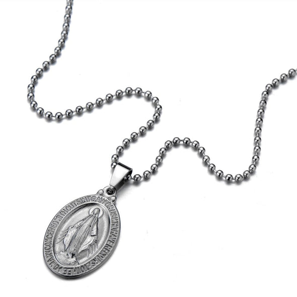 Virgin Mary Maria Oval Miraculous Medal Pendant Necklace for Men Women