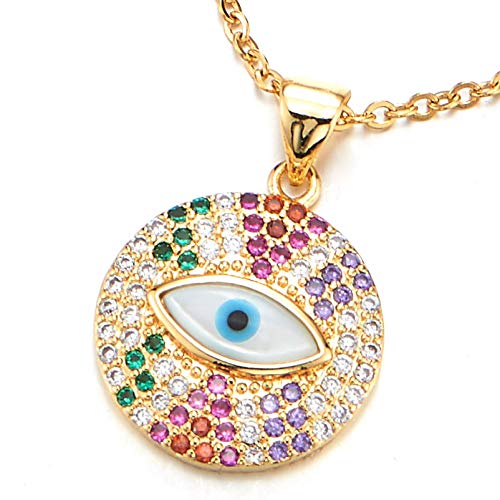 COOLSTEELANDBEYOND Women Steel Gold Color Evil Eye Protection Circle Pendant Necklace with Colorful Cubic Zirconia - COOLSTEELANDBEYOND Jewelry