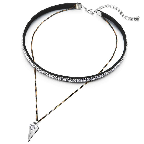 COOLSTEELANDBEYOND Womens Black Cotton Chain Choker Necklace with CZ, Ball Chain, Dangling Triangular Pyramid Charm - coolsteelandbeyond