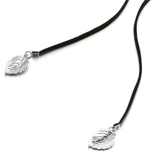 COOLSTEELANDBEYOND Womens Black Wrap Choker Necklace with Leaf, Bolo Tie Necktie, Lariat Necklace, Long Necklace - COOLSTEELANDBEYOND Jewelry