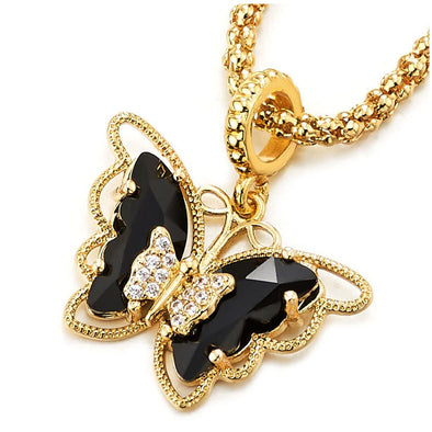 Womens Gold Color Butterfly Pendant Necklace with Black Cubic Zirconia and Rhinestones - COOLSTEELANDBEYOND Jewelry