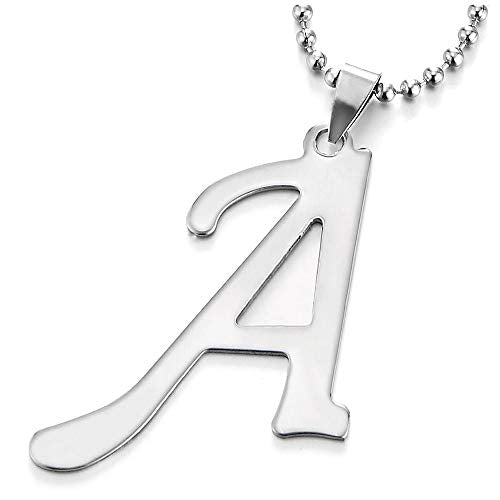 COOLSTEELANDBEYOND Womens Mens Large Steel Name Initial Alphabet Letter A-Z Pendant Necklace, 23.6 inches Ball Chain - COOLSTEELANDBEYOND Jewelry