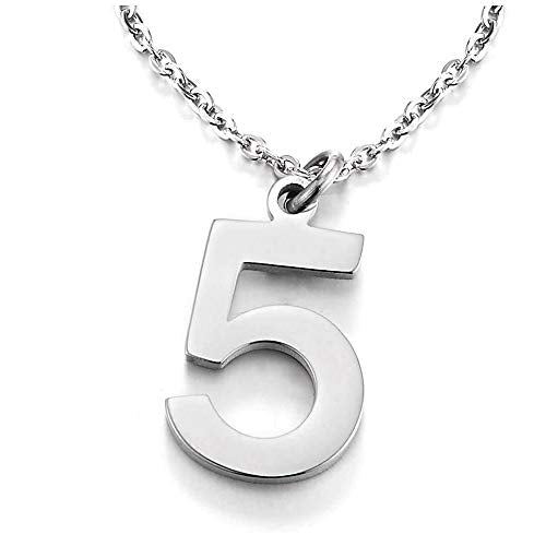 COOLSTEELANDBEYOND Womens Mens Stainless Steel Arabic Numerals Number 5 Pendant Necklace with Adjustable Rope Chain - COOLSTEELANDBEYOND Jewelry